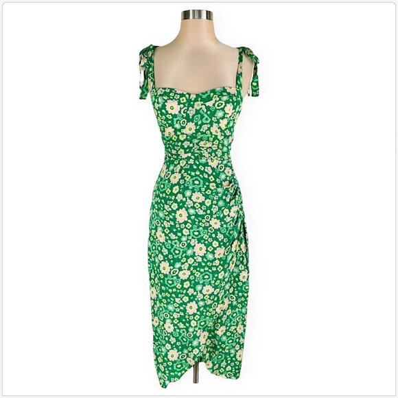 WAYF Malibu Faux Wrap Midi Kelly Daisy Green Floral Summer Dress NEW NWT XS - Picture 3 of 6